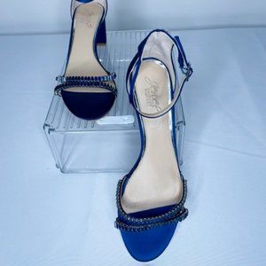 Jewel Badgley Mischka- Stacked Heel- Navy Satin